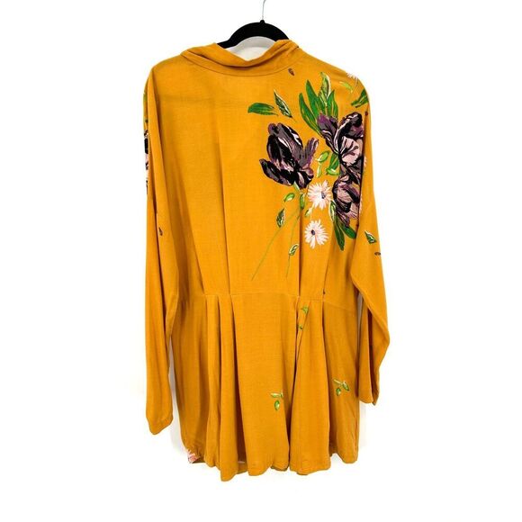 FREE PEOPLE Mustard Yellow Purple Floral Long Sleeve Open Back Mini Dress Large - Picture 3 of 9
